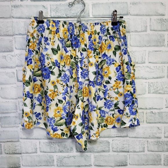 Vintage 90s Paris Blues Blue Yellow Floral Pleated High Waisted Flowy Shorts - Picture 6 of 7